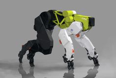 the robot dog is standing next to an animal with its head on it's back