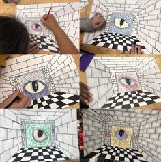 several pictures of someone drawing something with colored pencils on paper and then using the eye