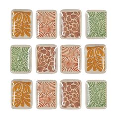 six square plates with different designs on them, each decorated with an orange and green flower