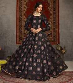 Semi-stitched Black Foilage Pattern Taffeta Silk Party Gown. (1 Gown/1 Unstitched Inner) Long Anarkali Dress, Latest Lehenga Designs, Silk Anarkali Suits, Party Wear For Women, Party Wear Gowns, Gown Suit, Party Wear Gown, Lehenga Choli Online, Printed Gowns