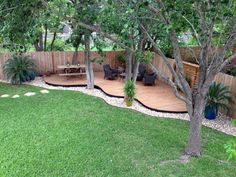 a backyard with grass and trees in it