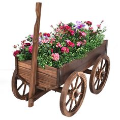 With its rustic design and antique look, you will complement your outdoor decor. The fir wood construction and burn finish will give you the style you have been looking for in your garden. Its four rolling wheels will help you move it easily. The width and long length of the wagon cart will securely hold your plants in place. Wagon Flower Planter, Wagon Planter, Wood Wagon, Wagon Cart, Wooden Wagon, Barrel Planter, Flower Cart, Pot Stand, Wood Plant Stand