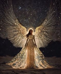 an angel standing in front of the night sky with lights on it's wings