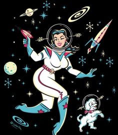 an image of a woman in space with rockets and stars on the back of her shirt