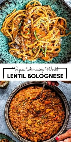 two pictures showing different types of pasta and one with the words lenti bolognzone