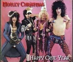 three men dressed up in costumes posing for a christmas card with the words happy crue year