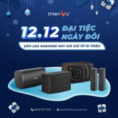 an advertisement for the holiday season with speakers and presents on blue snowflakes background