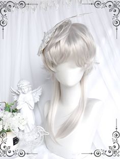 This price is for a wig only, others are not included. Hair Length : 55cm Bangs Length : 12cm Wig Details:Heat-resistant Synthetic Fiber / Net Closed Wefted Cap Construction / Straight White Wig Hairstyles, Angelic Hairstyles, White Fluffy Hair, Angel Hairstyles, White Hair Short, Vocaloid Oc, White Hair Wig, Silver Hair Short, White Short Hair