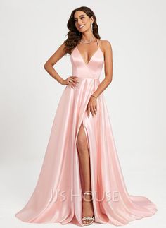 V-neck Evening Dress With Sweep Train, V-neck Homecoming Dress With Sweep Train, Satin V-neck Homecoming Dress, V-neck Prom Dress With Sweep Train, V-neck Satin Dress With Sweep Train, Pink V-neck Maxi Dress For Prom Season, V-neck Maxi Dress For Prom Season, V-neck Homecoming Dress, Formal Pink A-line V-neck Dress