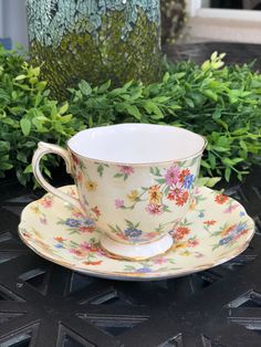 a cup and saucer sitting on top of a table next to some plants in the background