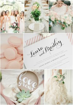 a collage of wedding photos with pink and green accents