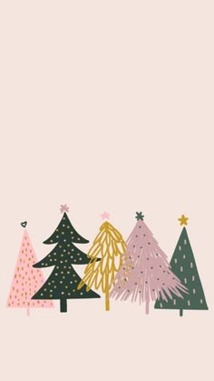 three christmas trees in different colors on a pink background