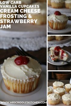 several pictures of vanilla cupcakes with cream cheese frosting and strawberry jam