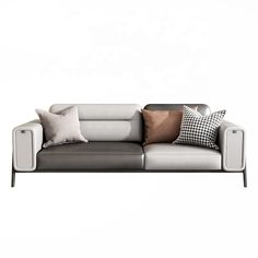 an image of a couch with pillows on the top and bottom half, in front of a white background