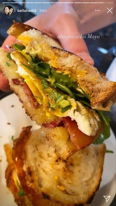 a person is holding up a sandwich on a plate