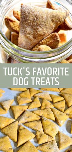 a glass bowl filled with dog treats next to the words tuck's favorite dog treats