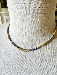 Bohemian blue handbeaded agate, jasper and heishi must! Timeless statement and layering go-to! -17” adjustable length Hand Beading, Agate, Layering, Blue