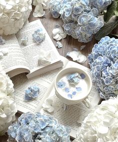 blue and white flowers are scattered around an open book