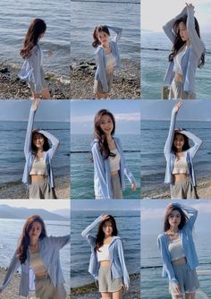 several pictures of a woman posing on the beach