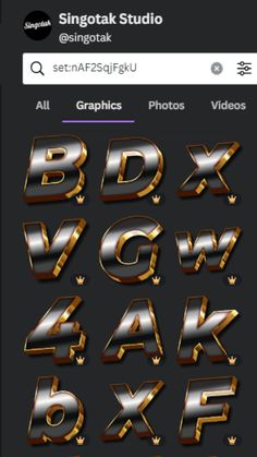 the gold and silver alphabet is displayed on an iphone screen, with other metallic letters below it