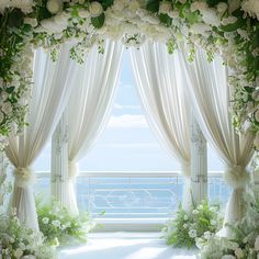 an open window with white flowers and greenery on either side, overlooking the ocean