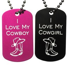 I Love My Cowgirl & I Love My Cowboy Dog Tag Necklaces (Pair) Cowboy Dog, Southern Jewelry, Black Cat Face, Leather Keychains, Necklace Cat