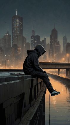 a man sitting on the edge of a bridge looking at the city lights and water