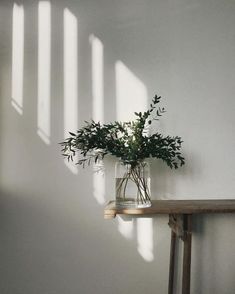 a vase filled with green plants sitting on top of a wooden table next to a wall