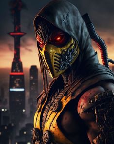 a character from the video game scorpion in front of a cityscape