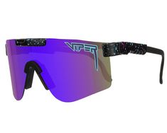 a pair of sunglasses with purple mirrored lenses on the front and side of the glasses