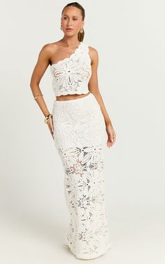 Charlene Top - Crochet One Shoulder Top in White Senior Trip, Fit And Flare Skirt, Bachelorette Trip, Wedding 2025, Crochet Fabric, One Shoulder Top, Summer Inspo, Natural Fibres, Independent Women