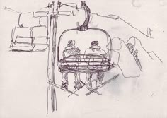 a drawing of two people riding in a cable car