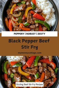 beef and peppers stir fry in a skillet with rice