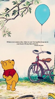 winnie the pooh and her bike in front of a tree with balloons on it