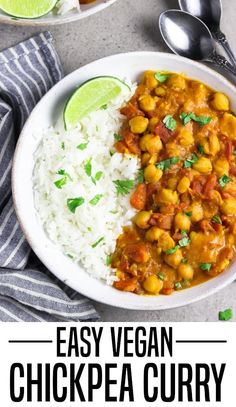 easy vegan chickpea curry with rice in a white bowl and lime wedges on the side