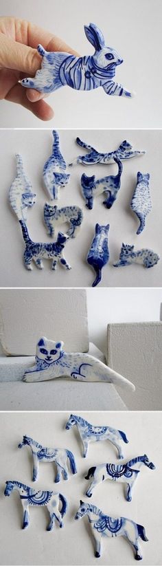 three different pictures of blue and white porcelain animals