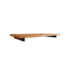 the shelf is made out of wood and has black metal brackets on each end,