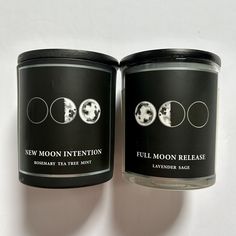 two jars with labels on them sitting next to each other in front of a white background