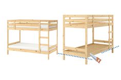 two wooden bunk beds sitting next to each other on top of a white flooring