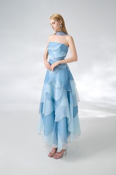 Women's Leonard Layered Straight Across Neck Organza Ankle Length Dress XS/S/M/L/XL Blue/Pink MEAN BLVD Blue Organza Maxi Dress For Party, Light Blue Fitted Organza Dress, Chic Blue Organza Dress, Light Blue Party Dress, Blue Fairy Outfit, Light Blue Organza Dress With Ruffles, Blue Embellished Organza Dress, Layered Prom Dress, Cloud Dress