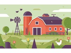 farm scene with barn, windmill and birds