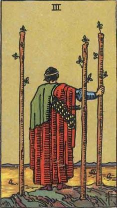 a tarot card with an image of a man standing in front of four poles