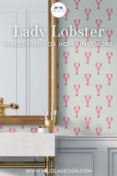 bathroom with funky hot pink lobster patterned wallpaper on a white background, with a gold framed mirror and bathroom accessories. Pink Bathroom Wallpaper, White Patterned Wallpaper, Pink Wallpaper For Walls, Pink Wallpaper Pattern, Pink Interior Design, Hot Pink Bathroom, Bathroom Decor Pink, Pink Bathroom Ideas