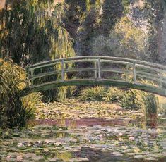 a painting of a bridge over a pond with water lilies