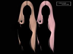 three different colored hair styles on a black background, one is pink and the other is white