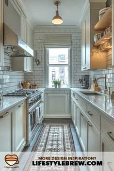 a narrow kitchen with white cabinets and stainless steel appliances is featured in this ad for lifestyylebrew com