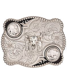 Montana Silversmiths Antiqued Buffalo Nickel and Skull Buckle, Silver Cowboy Buckle, Western Bracelets, Buffalo Skull, Cowboy Belt, Western Buckles, Western Belt Buckles, Buffalo Nickel, Boot Jewelry, Western Hats