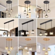 multiple pictures of different lights hanging from the ceiling