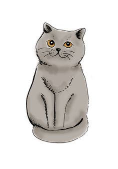 a drawing of a grey cat with yellow eyes sitting on the ground looking straight ahead