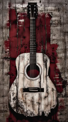 an acoustic guitar is shown against a red and white background with grungy paint